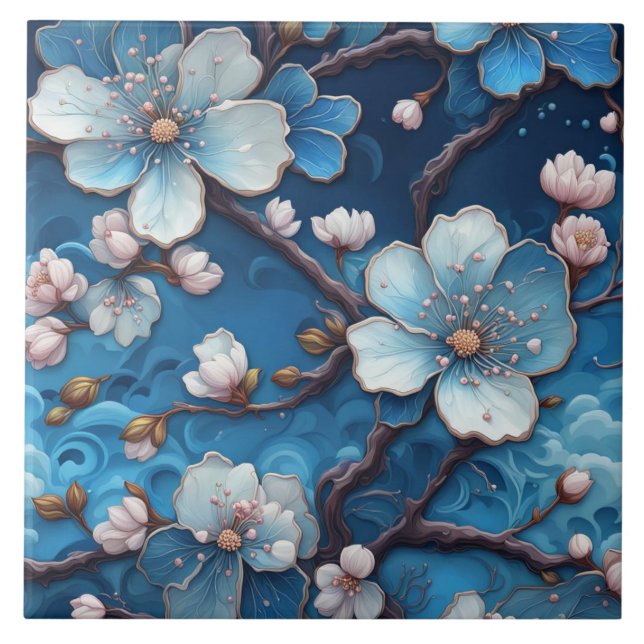 Chinoiserie Cherry Blommar Flowers Japansk Blommig Kakelplatta (Framsidan)