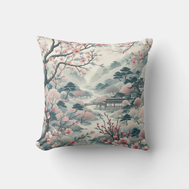 Chinoiserie Cherry Blommar Garden Pagoda Mönster Kudde (Framsida)