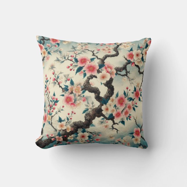 Chinoiserie Cherry Blommar Sakura Mönster Kudde (Framsida)