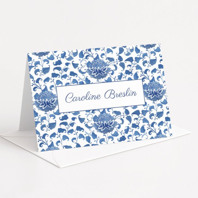 Chinoiserie Chic Blå Och Vit Bröllopsdusch Tack Kort (Hand painted blue and white lotus flower chinoiserie pattern thank you card or personal stationery)
