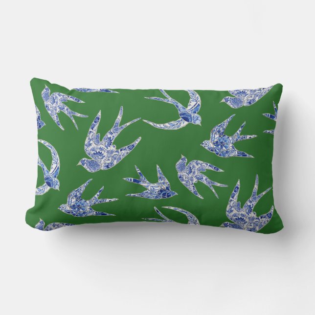 Chinoiserie Chic Blommigt Birds Blue-Grönten Svälj Lumbarkudde (Framsida)