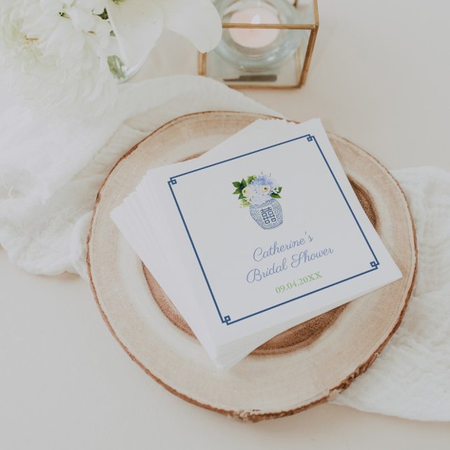 Chinoiserie Chic Blue Grönt Möhippa Party Pappersservett (Preppy ginger jar with blue and white flowers Bridal Shower napkins)