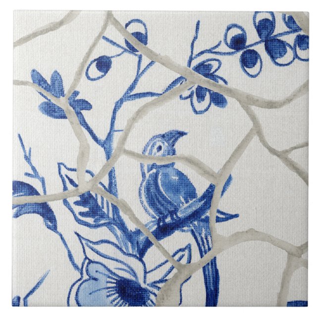 Chinoiserie Chic Blue White Chinese Bird Blommigt Kakelplatta (Framsidan)