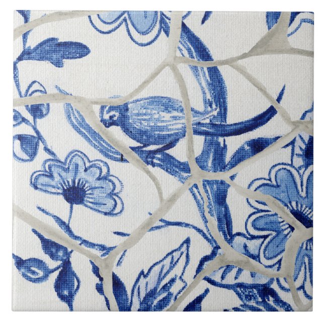 Chinoiserie Chic Blue White Chinese Bird i Träd Kakelplatta (Framsidan)