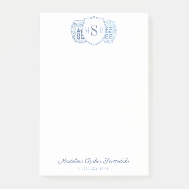 Chinoiserie Chic Dam Blue and White Monogram Post-it Block (Framsida)