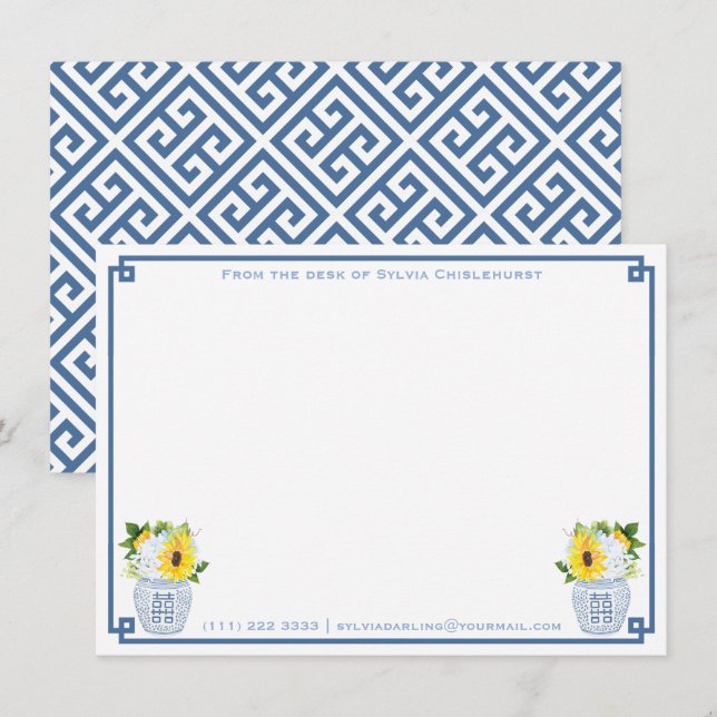 Chinoiserie Chic Ginger Burk Sunblommor Dusty Blue Tack Kort (Fram/baksida)