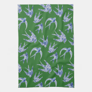 Chinoiserie Chic Grönt Blue White Bird Mosaic Til Kökshandduk