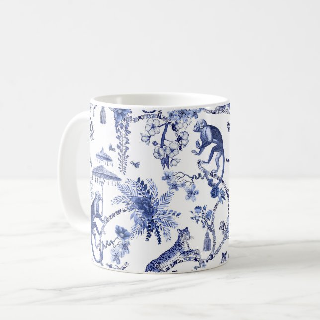 Chinoiserie Chic Jungle Toile | Blå och vit Kaffemugg (Framsida vänster)