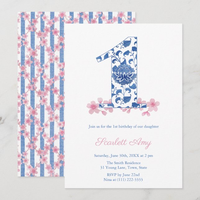 Chinoiserie Chic Little Girl 1st Birthday Party Inbjudningar (Fram/baksida)