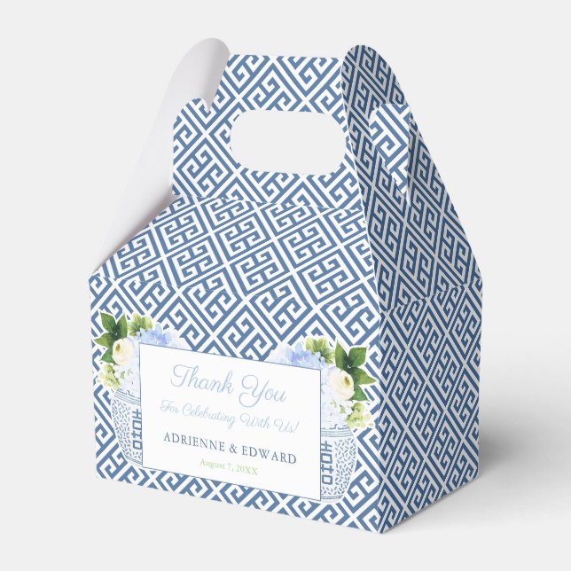 Chinoiserie Chic Navy White Grekiska Nyckel Bröllo Presentaskar (Framsidan Sidan)
