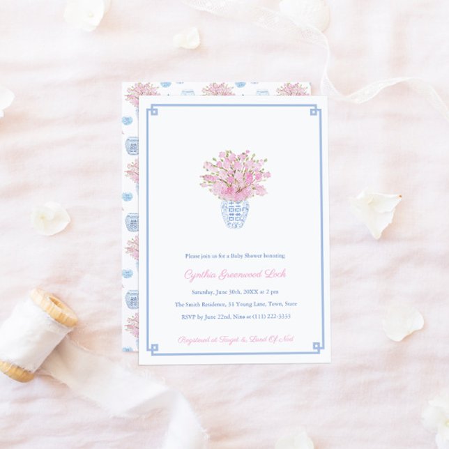Chinoiserie Chic Rosa Blue Girl Baby Shower Party Inbjudningar (Skapare uppladdad)