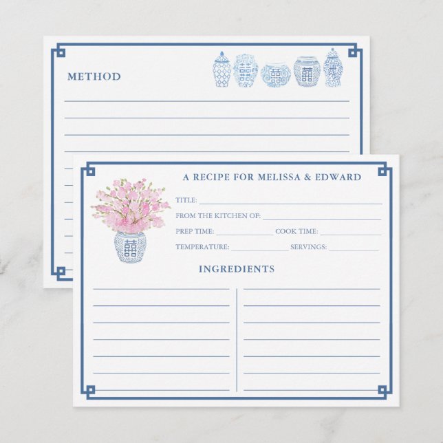 Chinoiserie Chic Rosa och blått receptkort Inbjudningar (Fram/baksida)