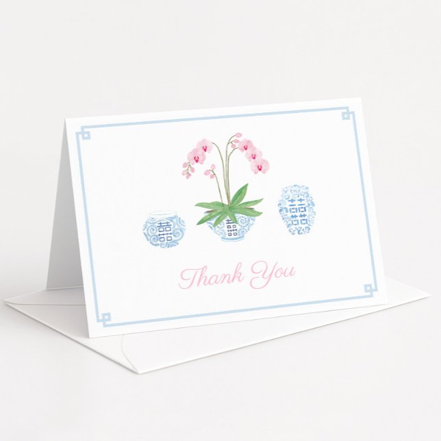 Chinoiserie Chic Rosa Orchidé Bröllopsdusch Tack Kort (Preppy pink watercolor orchid and pale blue and white ginger jar thank you cards)
