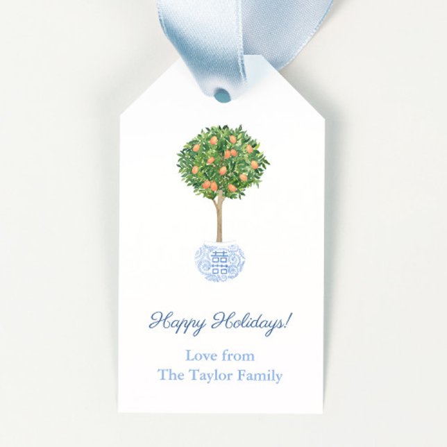 Chinoiserie-Chicen Citrus Orange Träd Glad helg Presentetikett (Citrus kumquat tree in blue and white chinoiserie planter Happy Holidays gift tags)
