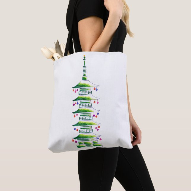 Chinoiserie Christmas Pagoda Tote Bag Tygkasse (Närbild)