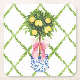 Chinoiserie Citron Topiary Med Rosa Slinga Underlägg Papper Kvadrat