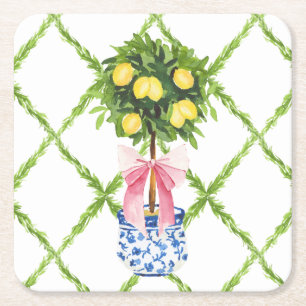 Chinoiserie Citron Topiary Med Rosa Slinga Underlägg Papper Kvadrat