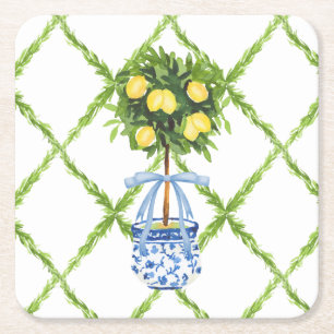 Chinoiserie Citron Trädgårdsskulptur med Blått Ban Underlägg Papper Kvadrat