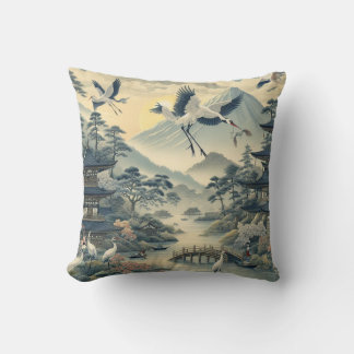 Chinoiserie Crane Bird Pagoda Scenery Mönster Kudde