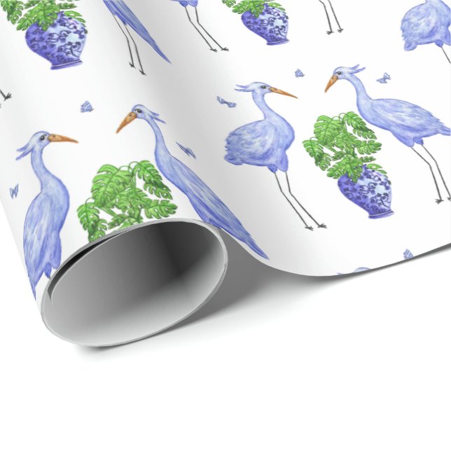 Chinoiserie Crane och Monstera Presentpapper (Rullad Hörn)