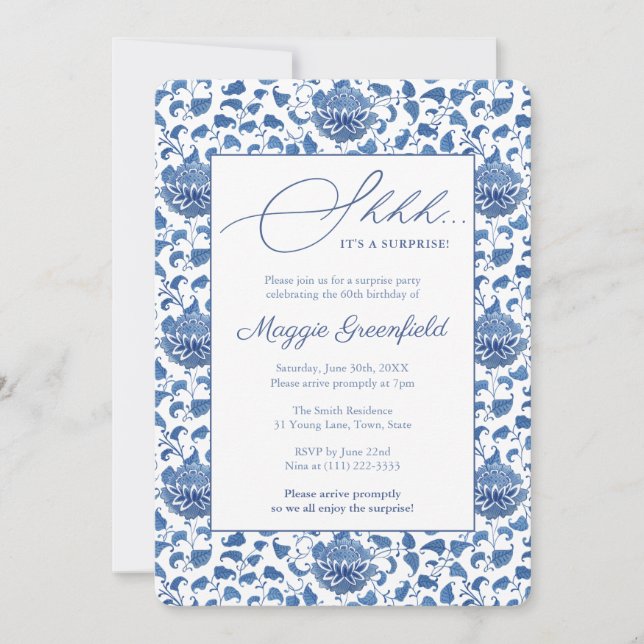 Chinoiserie Dam Milestone Birthday Surprise Party Inbjudningar (Framsida)