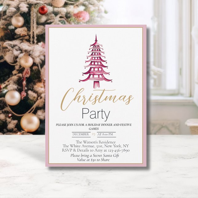 Chinoiserie Dammt Rosa och Röd Pagod Jul Inbjudningar (Chinoiserie Pagoda Christmas tree- Christmas party invitation)