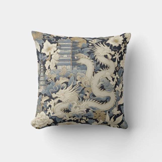 Chinoiserie Dragon och Pagoda Kudde (Framsida)