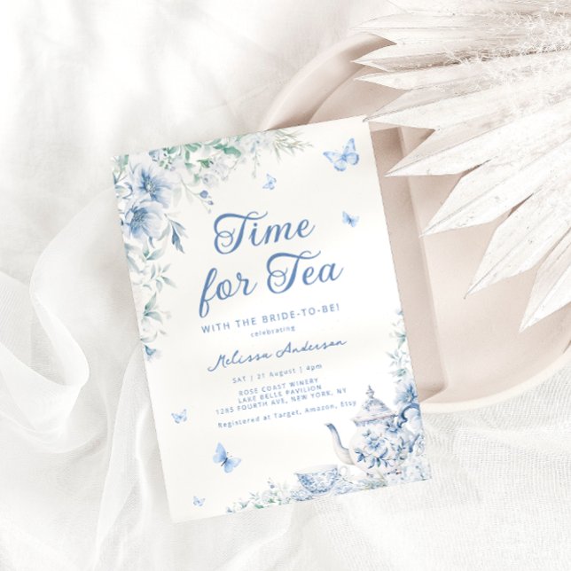 Chinoiserie Dusty Blue Botanical Möhippa Tea Showe Inbjudningar (Skapare uppladdad)