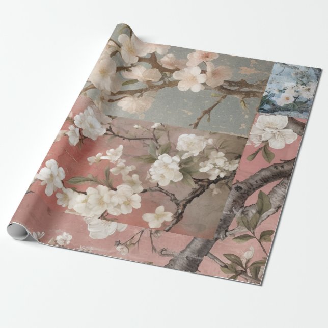 Chinoiserie Dusty Pinks & Blues Collage Presentpapper (Utrullad)