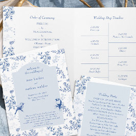 Chinoiserie Elegant Blue Blommigt Bröllopsprogram Inbjudan