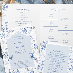 Chinoiserie Elegant Blue Blommigt Bröllopsprogram Inbjudan