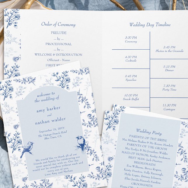 Chinoiserie Elegant Blue Blommigt Bröllopsprogram Inbjudan (Folded Wedding Program - 4 sides, from Chinoiserie Wedding Collection by Darling & May)