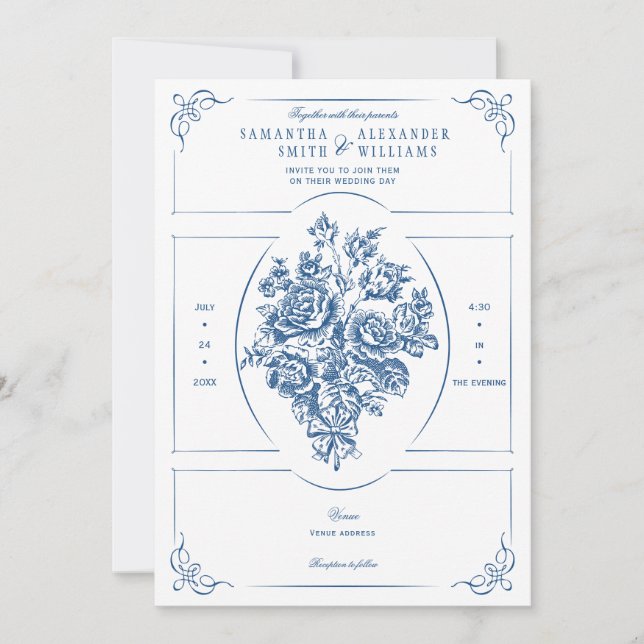 Chinoiserie Elegant Blue Bouquet Victorian Bröllop Inbjudningar (Framsida)
