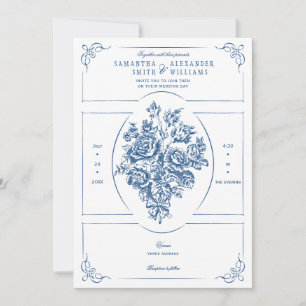Chinoiserie Elegant Blue Bouquet Victorian Bröllop Inbjudningar