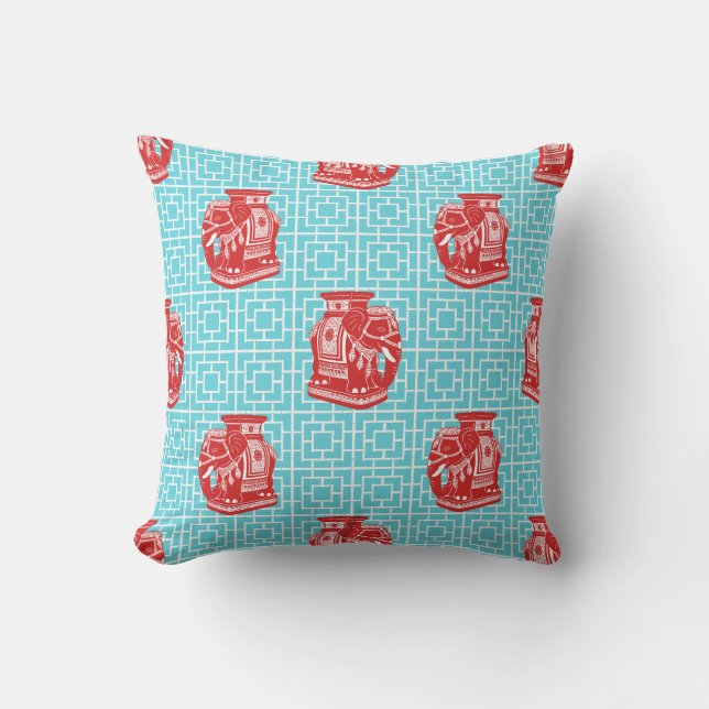 Chinoiserie Elephant on Bamboo - Red & Turquoise Kudde (Framsida)