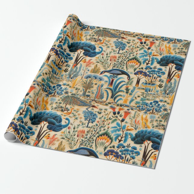 Chinoiserie Exotiska Fåglar Botaniskt Mönster (6) Presentpapper (Utrullad)