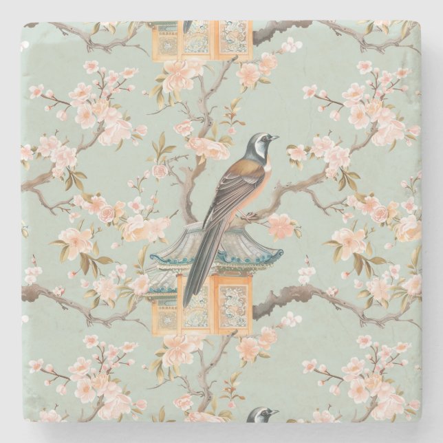 Chinoiserie Fågel & Blomma Marmor Stenservettunder Stenunderlägg (Framsidan)