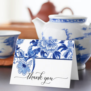 Chinoiserie Fågel Blommig Blå Vit Bröllopsdusch Tack Kort