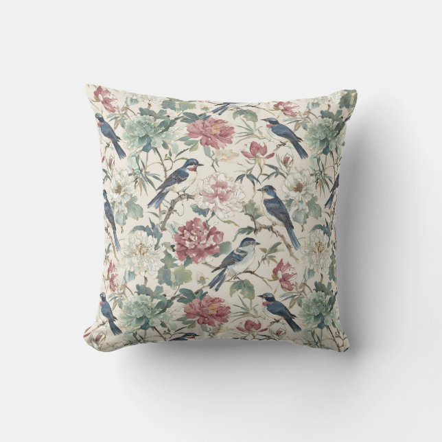 Chinoiserie Fåglar och Peony Blommig Design Kudde (Framsida)