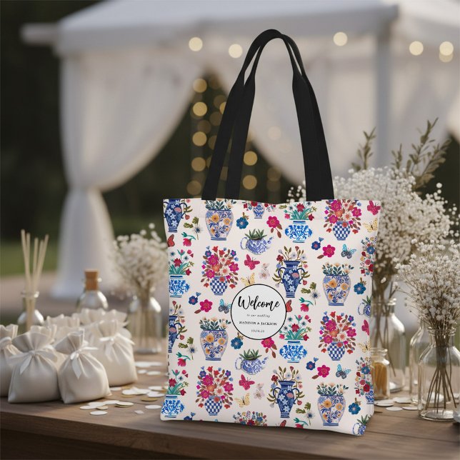 Chinoiserie Floral Wedding Welcome Bag Tote Tygkasse (Chinoiserie Floral Wedding Welcome Bag Tote)