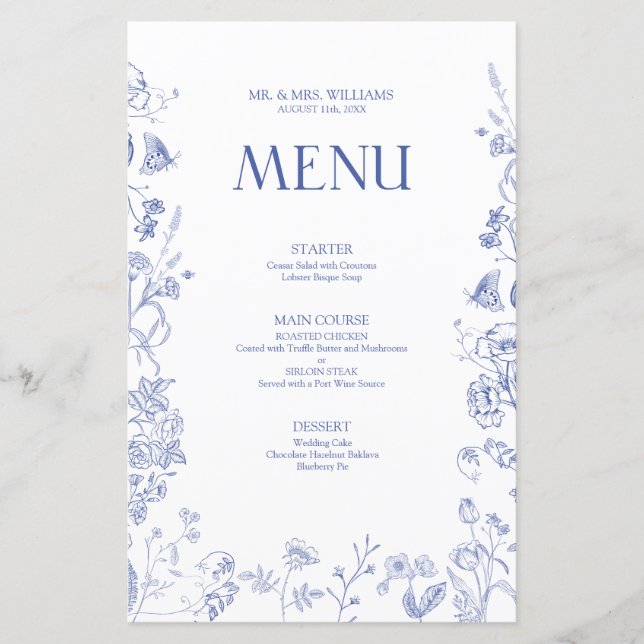 Chinoiserie Fransk Blue Victorian Bröllop Menu (Framsida)