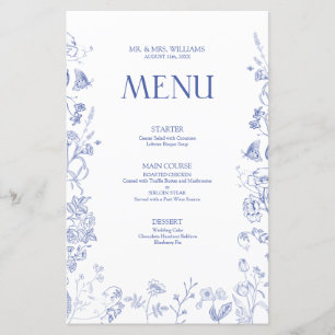 Chinoiserie Fransk Blue Victorian Bröllop Menu