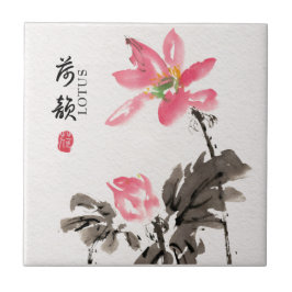 Chinoiserie Freehand Watercolor Blommigt Lotus Kakelplatta