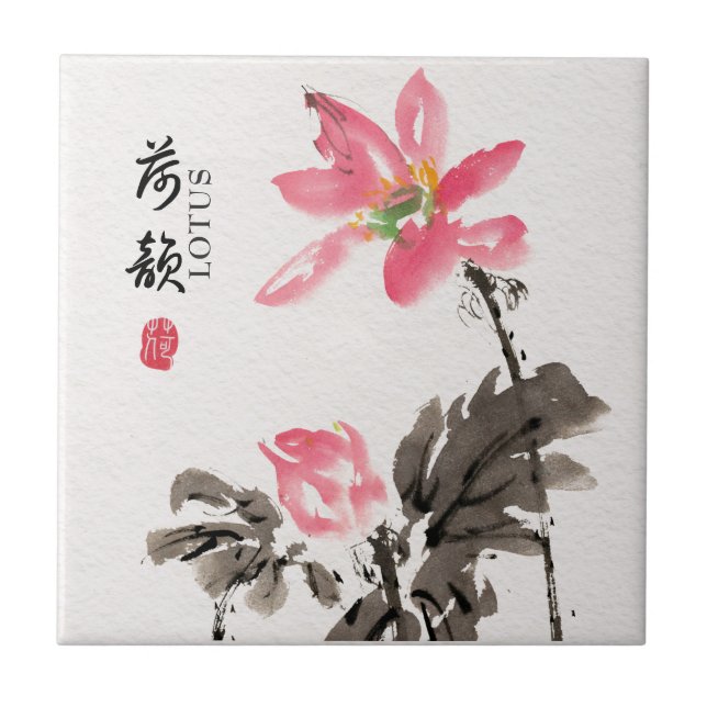 Chinoiserie Freehand Watercolor Blommigt Lotus Kakelplatta (Framsidan)