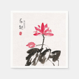 Chinoiserie Freehand Watercolor Blommigt Lotus Nap Pappersservett