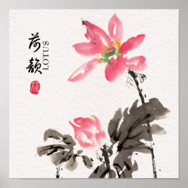 Chinoiserie Freehand Watercolor Blommigt Lotus Poster