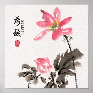 Chinoiserie Freehand Watercolor Blommigt Lotus Poster