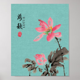 Chinoiserie Freehand Watercolor Blommigt Lotus Poster