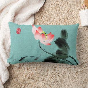 Chinoiserie Freehand Watercolor Lotus Flower Fish Lumbarkudde