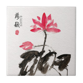 Chinoiserie Freehand Watercolor Lotus Flowers Kakelplatta